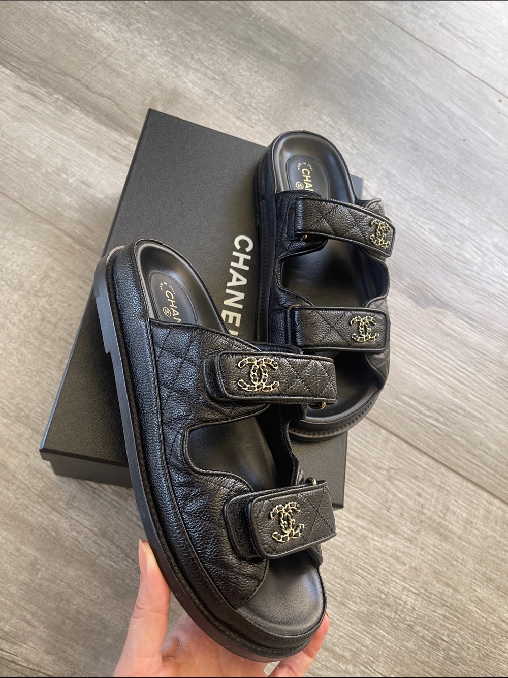 Chanel Grained Calfskin Velcro Sandal/ Slides